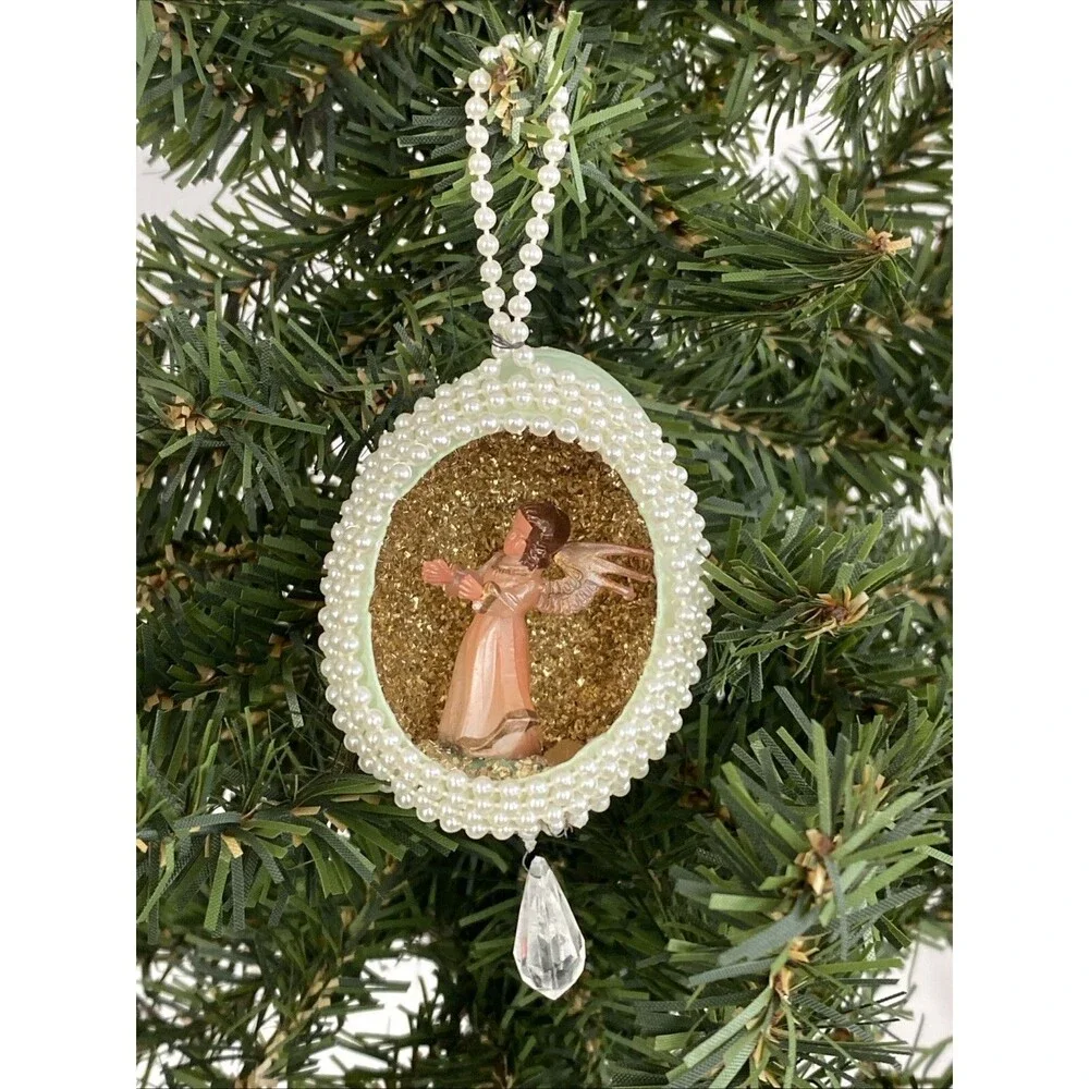 Vintage Christmas Ornament Beaded Diorama w Angel Figure Glitter Prism Holiday